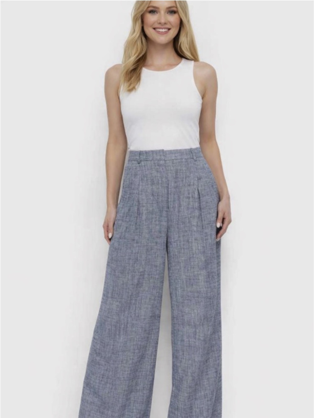 DKNY Petite High‑Rise Wide‑Leg Pants Blue/ Gray NWT/